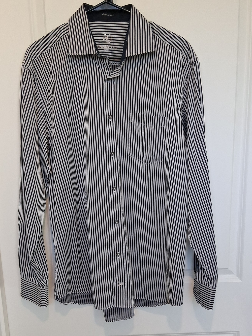 Bugatchi Long Sleeve Black & White Vertical Stripe Dress Shirt